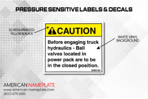 caution yellow vinyl pressure sensitive nameplate